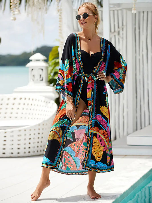 Bohemian Printed Belt Kimono – Flowing Elegance for Every Occasion