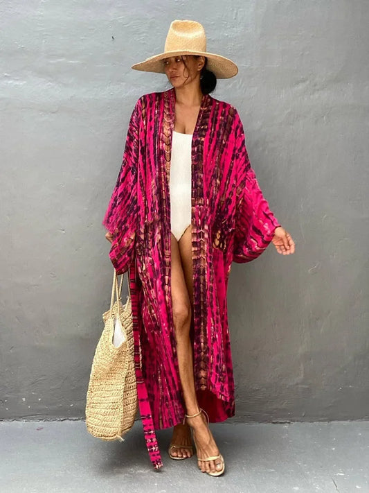 Boho Stripe Belted Tunic Sarong Cardigan – Beach Cover Up & Kimono