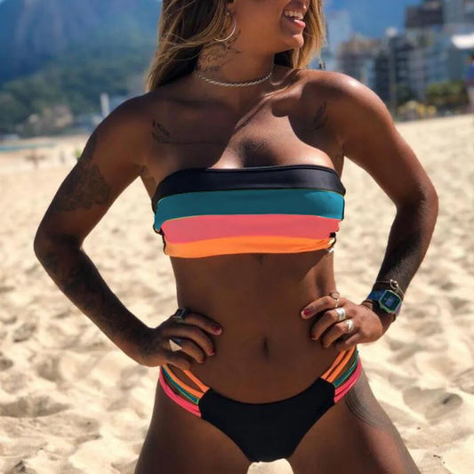 "Colorful Striped Bikini Set | Trendy Push-Up Swimwear"