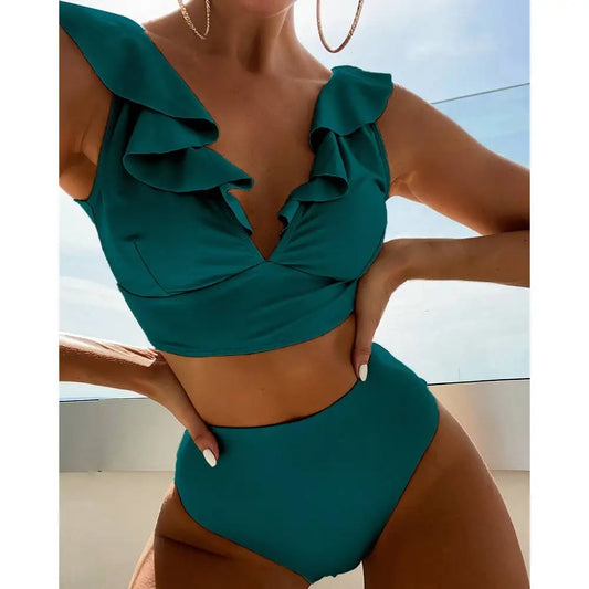 "Elegant Ruffle Bikini | High-Waist Two-Piece Swimwear"